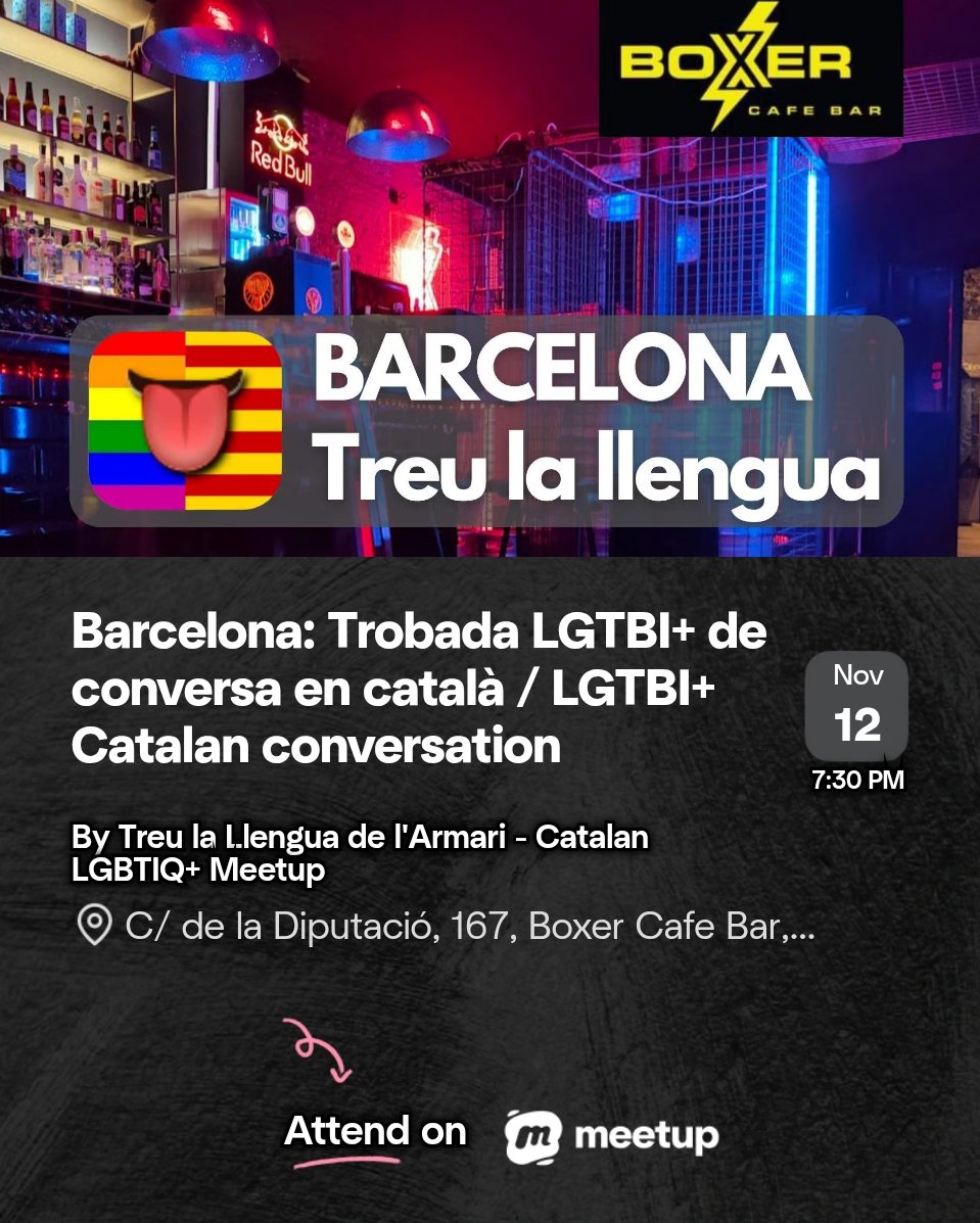 💥 Avui DIMECRES!
🎶🗣 Vespreig Musical Català!!
✌🏼 2 hores de música i conversa en català al centre de Barcelona, cada setmana. 
🔗 Meetup.com/treu-la-llengua