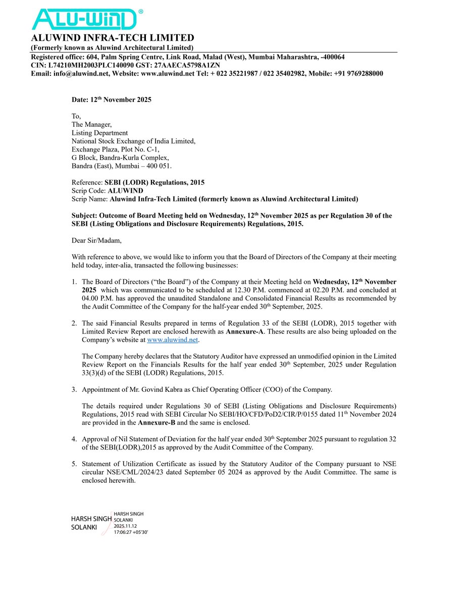 nileshkurhade's tweet photo. 📌 ALUWIND INFRA-TECH LIMITED informed the exchange about its approval for the financial results for the period ended September 30, 2025. #SME #ALUWIND 📄🧾 https://t.co/OxUMGe4Xyb
