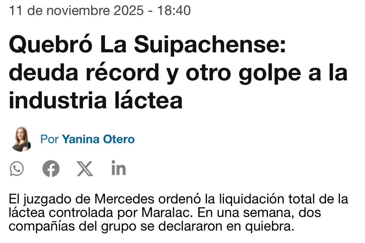 ESTÁN DEMOLIENDO EL PAÍS.
Ayer quebró otra empresa láctea y dejó a 180 trabajadores en la calle.
Mientras tanto Argentina importa leche y lácteos de Alemania, Brasil y Uruguay.
Si, en el granero del mundo cerramos nuestras fábricas para traer leche de afuera.
Si a Milei lo mandas