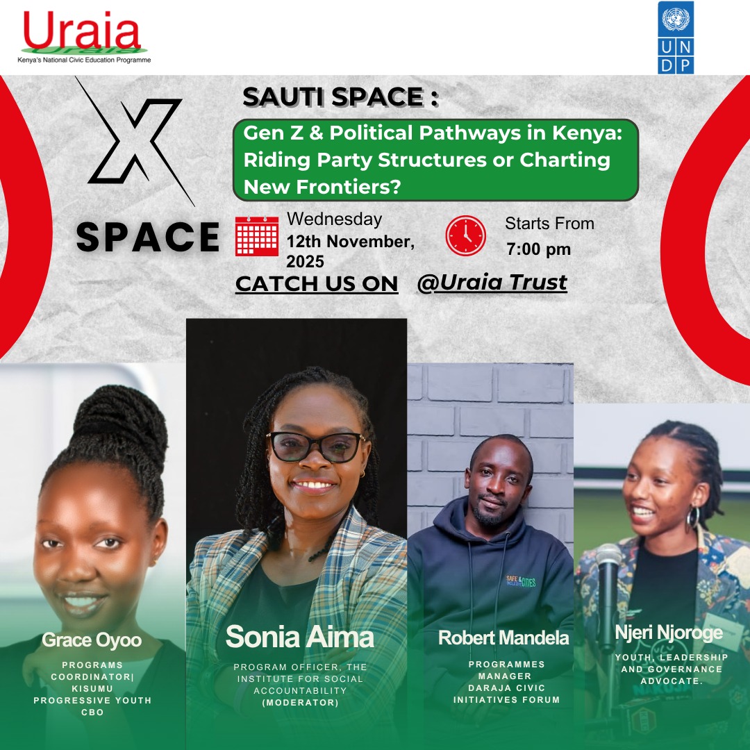 Tonight’s the night! #SautiSpace 

Gen Z in politics are we making moves or just following the old playlist 🎶? Find out!

🗓️ Today! | 🕖 7PM
🎧 Catch it live: <a href="/UraiaTrust/">Uraia Trust</a>

Hosted by Uraia  we can’t to break this down⚡ Our Programs Officer, Sonia Aima, will be on the panel