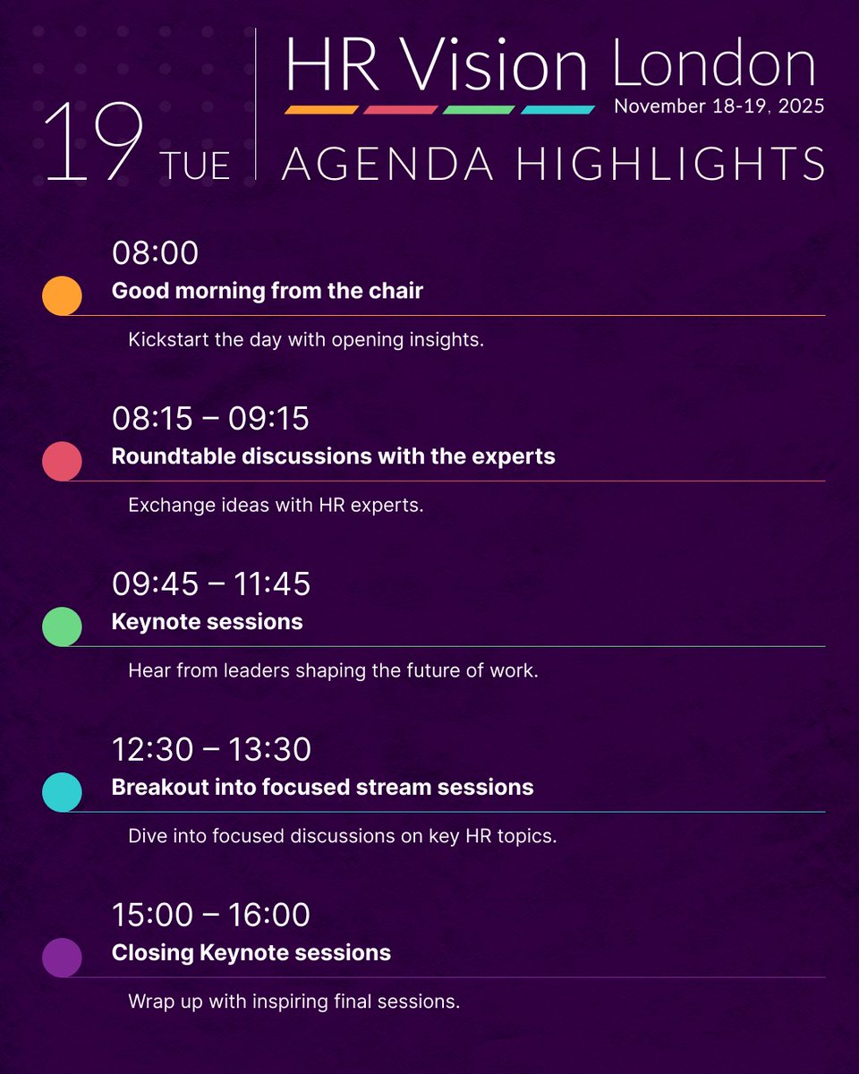 HRVisionEvent's tweet photo. 📅 Agenda Highlights | HR Vision London 2025 | November 18–19
Here’s what you can look forward to 👇
📍 London | Courthouse Hotel Shoreditch
👉 See full agenda highlights & register:
#HRVision #HumanResources #FutureOfWork #HRLeadership #HRStrategy #EmployeeExperience https://t.co/92k9SoWwzB