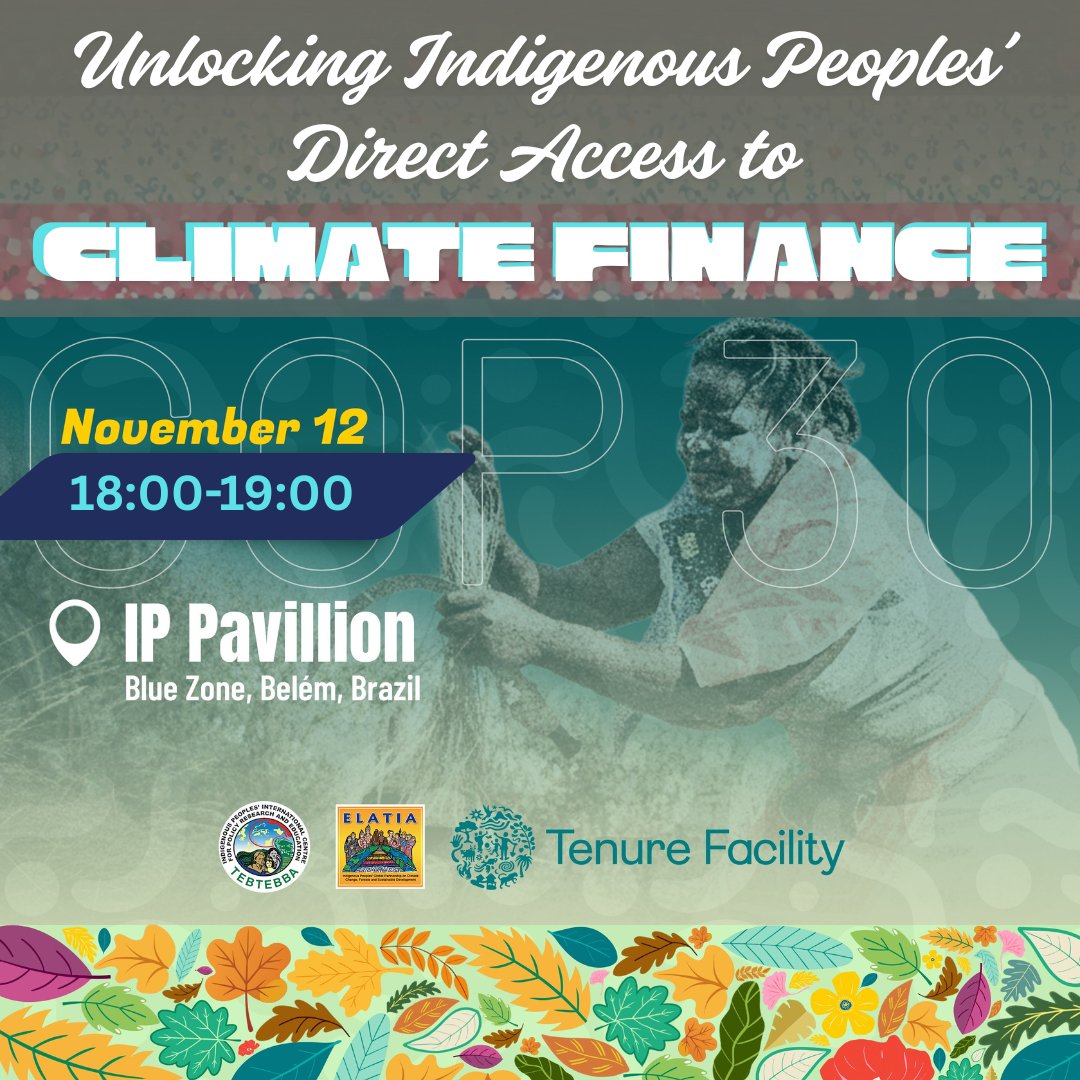 #COP30 | Side-Event | 𝐔𝐧𝐥𝐨𝐜𝐤𝐢𝐧𝐠 𝐈𝐧𝐝𝐢𝐠𝐞𝐧𝐨𝐮𝐬 𝐏𝐞𝐨𝐩𝐥𝐞𝐬' 𝐃𝐢𝐫𝐞𝐜𝐭 𝐀𝐜𝐜𝐞𝐬𝐬 𝐭𝐨 𝐂𝐥𝐢𝐦𝐚𝐭𝐞 𝐅𝐢𝐧𝐚𝐧𝐜𝐞
📆 12 November 2025
⏱ 18:00-19:00
📍 IP Pavilion, Blue Zone

OBJECTIVES:
·To share best practices and lessons learned from Indigenous