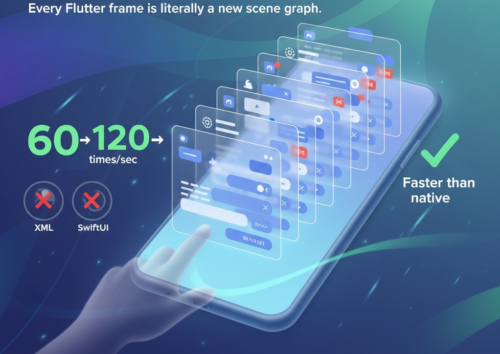 EGbesan's tweet image. F3 - Every Flutter frame is literally a new scene graph.

Flutter throws away the previous frame and rebuilds the render tree 60–120 times/sec.
And it’s still faster than native XML inflation or SwiftUI diffing. #WhatTheFlutter