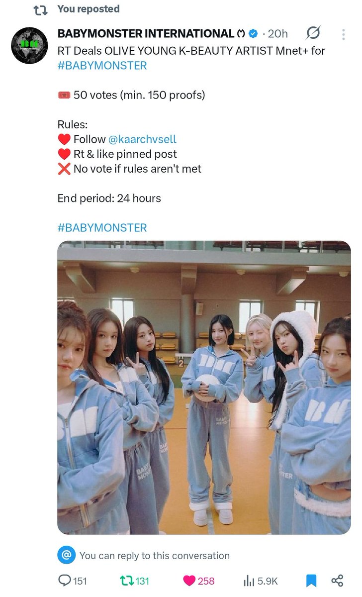 kaarchvsell's tweet photo. Congratulations!🎉 50 OLIVE YOUNG K-BEAUTY ARTIST Mnet+ votes have been successfully sent to #BABYMONSTER    

Thank your for participating ❤️🔥 https://t.co/UQ36Gu9zGz
