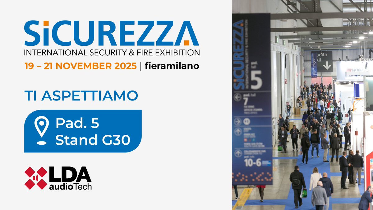 LDAAudioTech's tweet image. Conto alla rovescia per #Sicurezza2025.
Saremo a Milano con il nostro team locale per raccontare progetti in università, hotel e centri commerciali in tutta Italia.

📍Pad. 5, stand G30
📅19–21 novembre
 
#LDA #LDAAudioTech #PAVAsystems #EN54 #VoiceAlarm @SICUREZZA2023