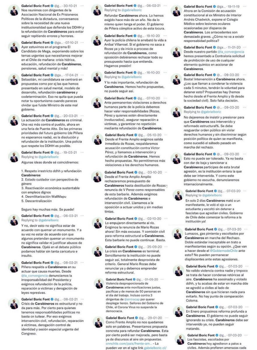 Boric, la izquierda y su continuismo, siempre han odiado a Carabineros y decenas de tuits lo confirman.  

Diferente nombre, pero mismo odio, resentimiento y miseria.

¡BORIC ES JARA Y JARA ES BORIC!