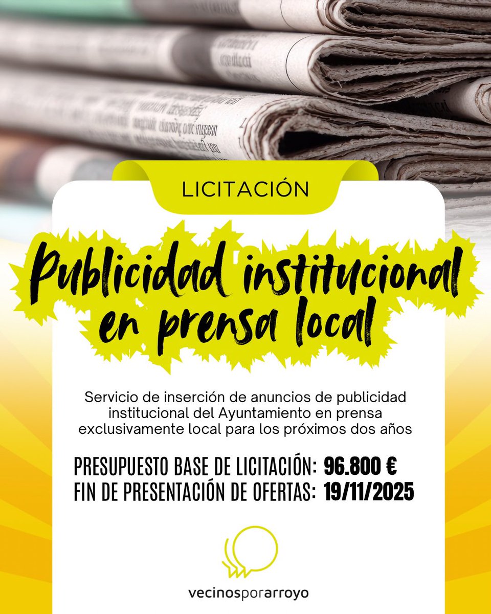 ℹ️ Abierto el plazo para presentar ofertas al servicio de inserción de anuncios de publicidad institucional del Ayuntamiento en prensa exclusivamente local.