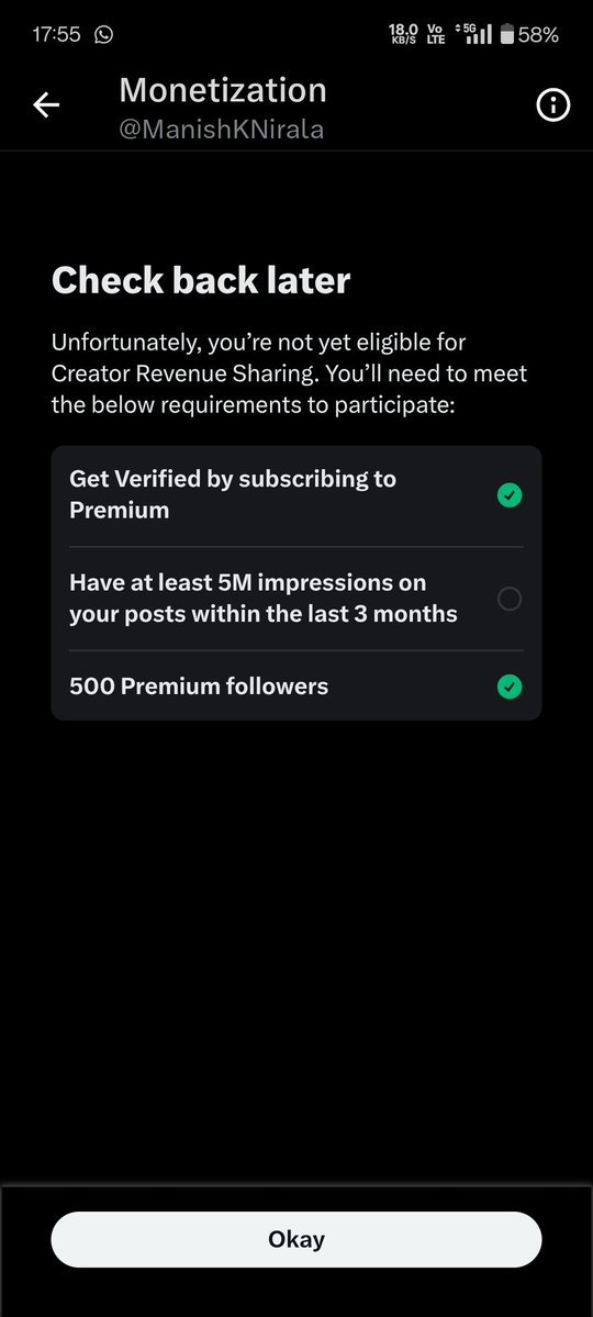 ManishKNirala's tweet image. Finally hit 500 Premium followers on @X! 🎉 Just one step away from Creator Revenue Sharing—now grinding for those 5M impressions in 3 months. Let’s go! 🚀 #XCreator #Monetization