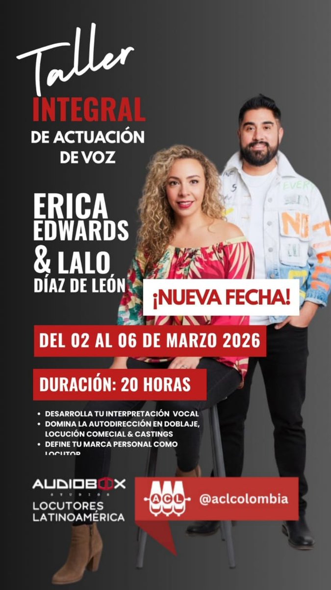AclColombia's tweet photo. #YoSoyACL Les informamos que el taller integral de #actuacióndevoz no se realizará en noviembre sino en la primera semana de marzo de 2026 en Bogotá en el marco de la alianza entre la ACL, #Audiobox #DidierRojas y #LocutoresLatinoamérica. Inscripciones abiertas. Cel. 3188602180. https://t.co/Zy8jnsWZvn