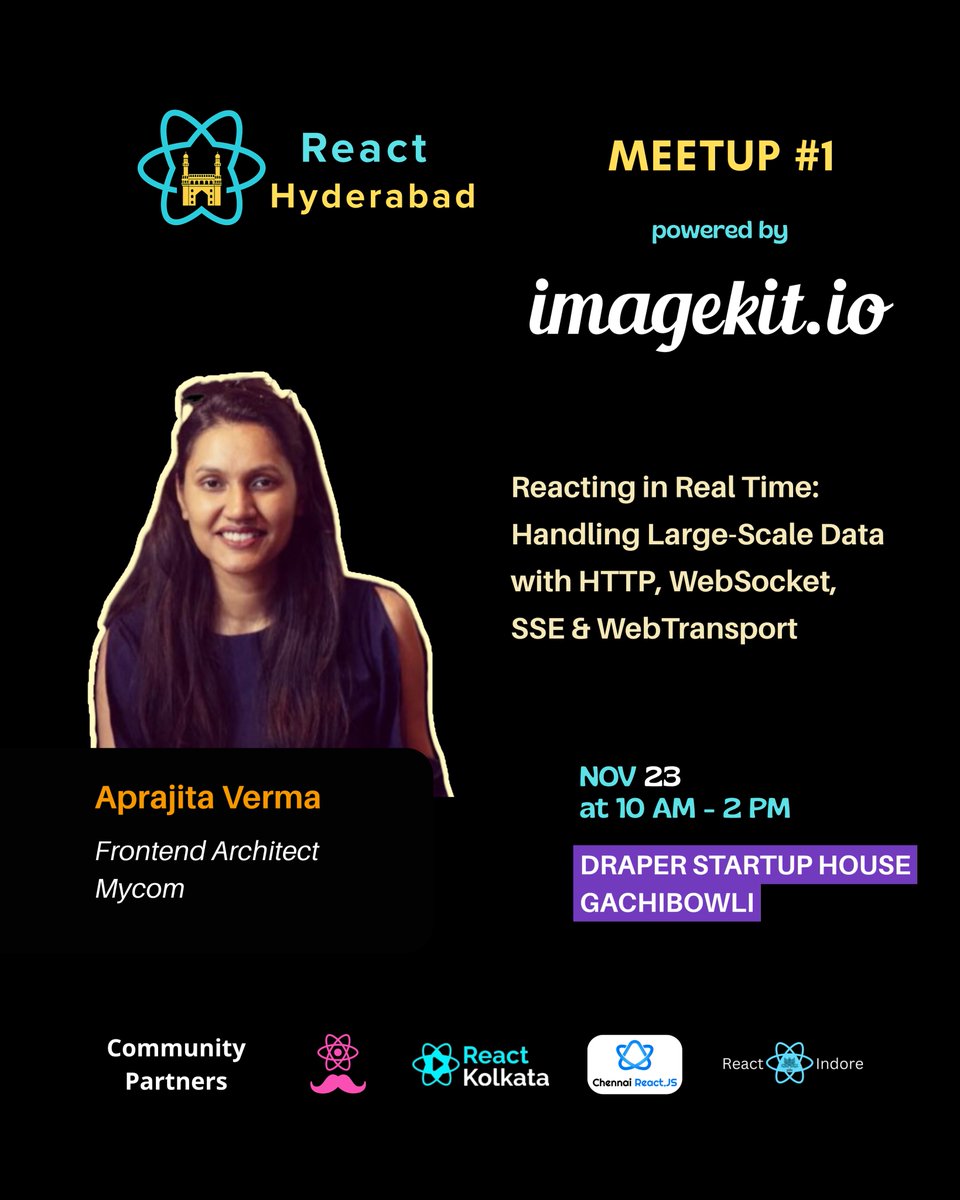 Speaker reveal #2 

Excited to announce that Aprajita Verma from <a href="/mycom___/">Mycom</a> joins us as our speaker at <a href="/React_Hyderabad/">React Hyderabad</a>'s FIRST EVER In-person meetup.   
Seats are limited. RSVP now  - 
luma.com/qc27d0u3 

#ReactHyderabad #Mycom #Community #Imagekit