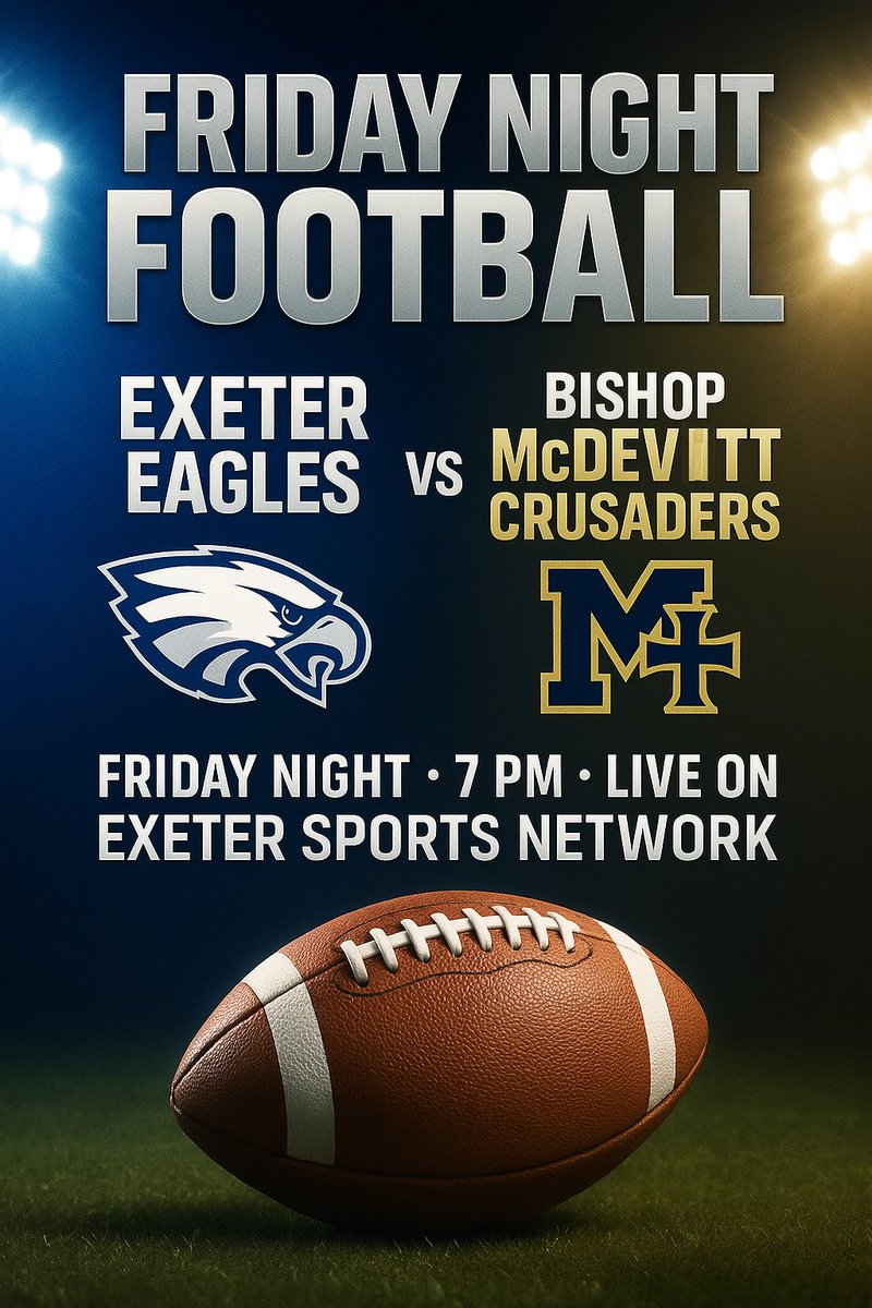JGMediaUS's tweet image. Clear your Friday night. This one’s gonna be 🔥
🏈 @ExeterTwpFB takes on @BishopMcDevitt
📅 Friday | 🕖 7 PM kickoff | 🎙️ 6:40 PM pregame
📺 Watch LIVE: youtube.com/live/Ex2bSIXSD…
#HighSchoolFootball #Exeter #BishopMcDevitt #FridayNightLights #Playoffs