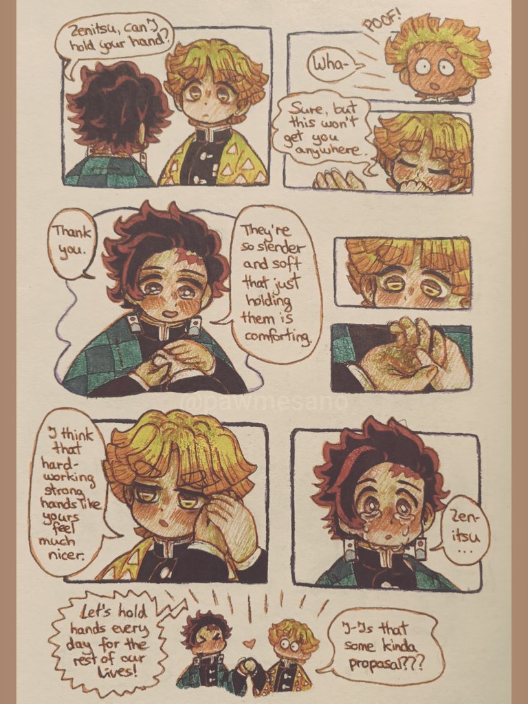 Tanjiro thinks that no one would want to touch his "broken" hands, Zenitsu loves the story of the hard-working loving boy they tell.

Zenitsu thinks his soft hands are representative of his "weakness" and "cowardice", Tanjiro loves the kindness and tenderness they show.