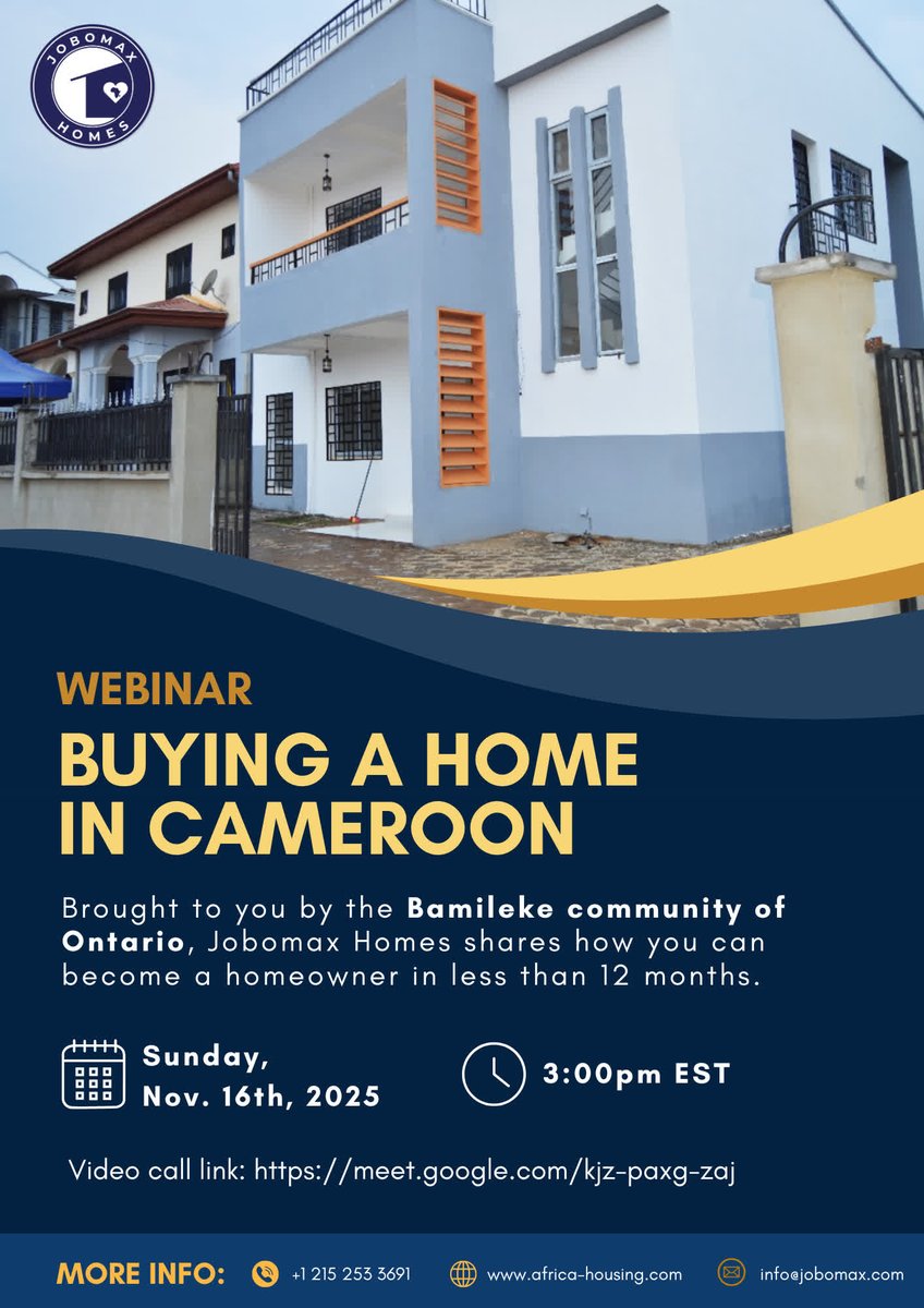 Ready to become a homeowner in #Cameroon? Looking for a way to do it hassle-free and in less than a year?

Join us *this Sunday* to find out how: meet.google.com/kjz-paxg-zaj

📅 Sunday, November 16, 2025
⏰ 3:00 PM EST
.
#JobomaxHomes #InvestInAfrica #AffordableHousing #WestAfrica