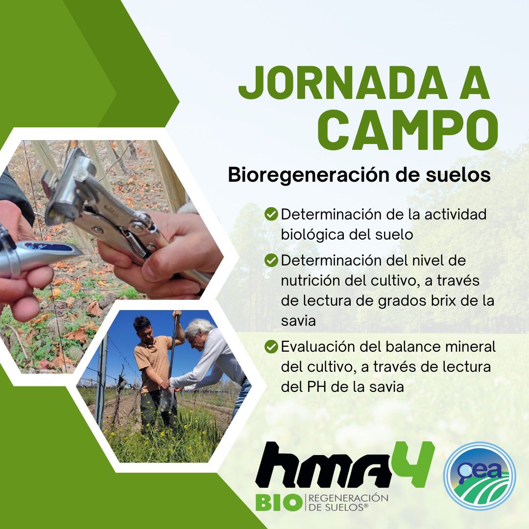 🌱 Jornada a Campo: Bioregeneración de Suelos
Este jueves 13/11 a las 17 h en Av. Alberdi 6706.
Aprendé a medir la vida del suelo, los grados brix y el pH de la savia 🌾

Organizan: HMA4 Bio Regeneración de Suelos + CEA