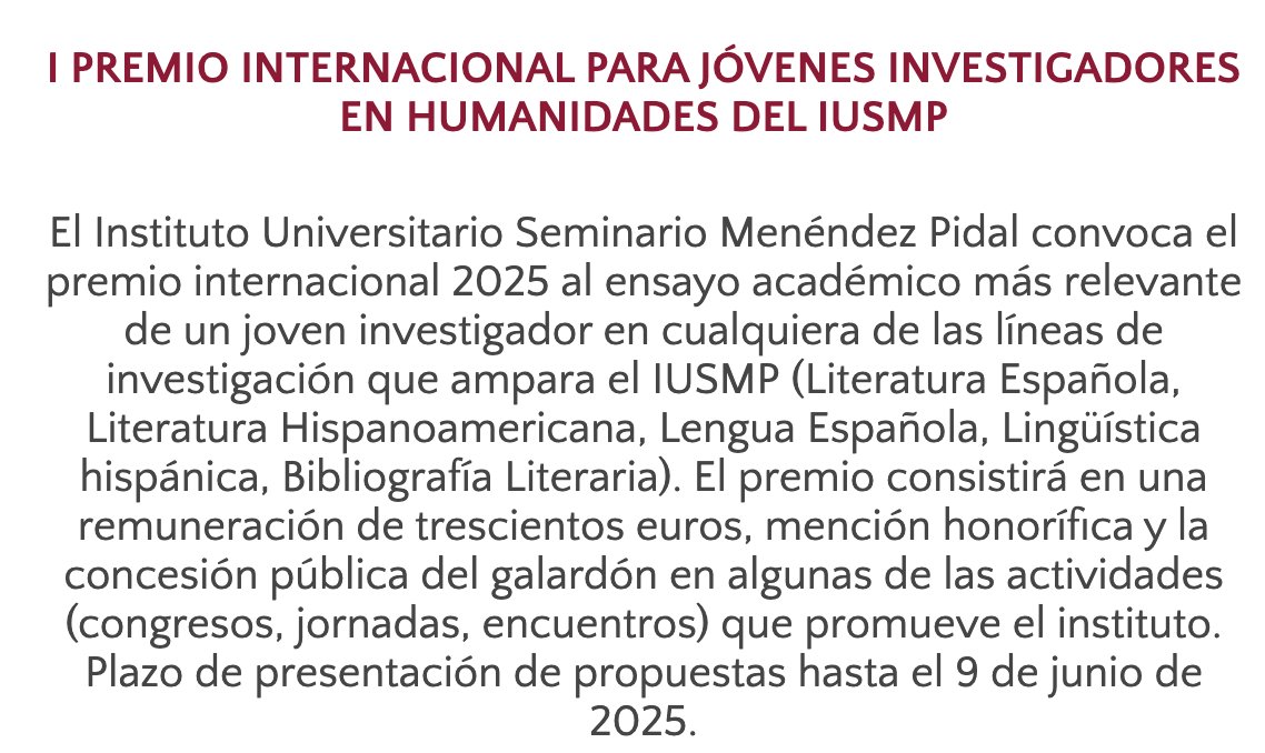 En Historia15 estamos de enhorabuena: nuestra compañera Ana Romera es la ganadora del I Premio Internacional para Jóvenes Investigadores en Humanidades del Instituto Universitario Seminario Menéndez Pidal <a href="/IUMenendezPidal/">Instituto Universitario "Seminario Menéndez Pidal"</a>  
¡Enhorabuena, Ana!