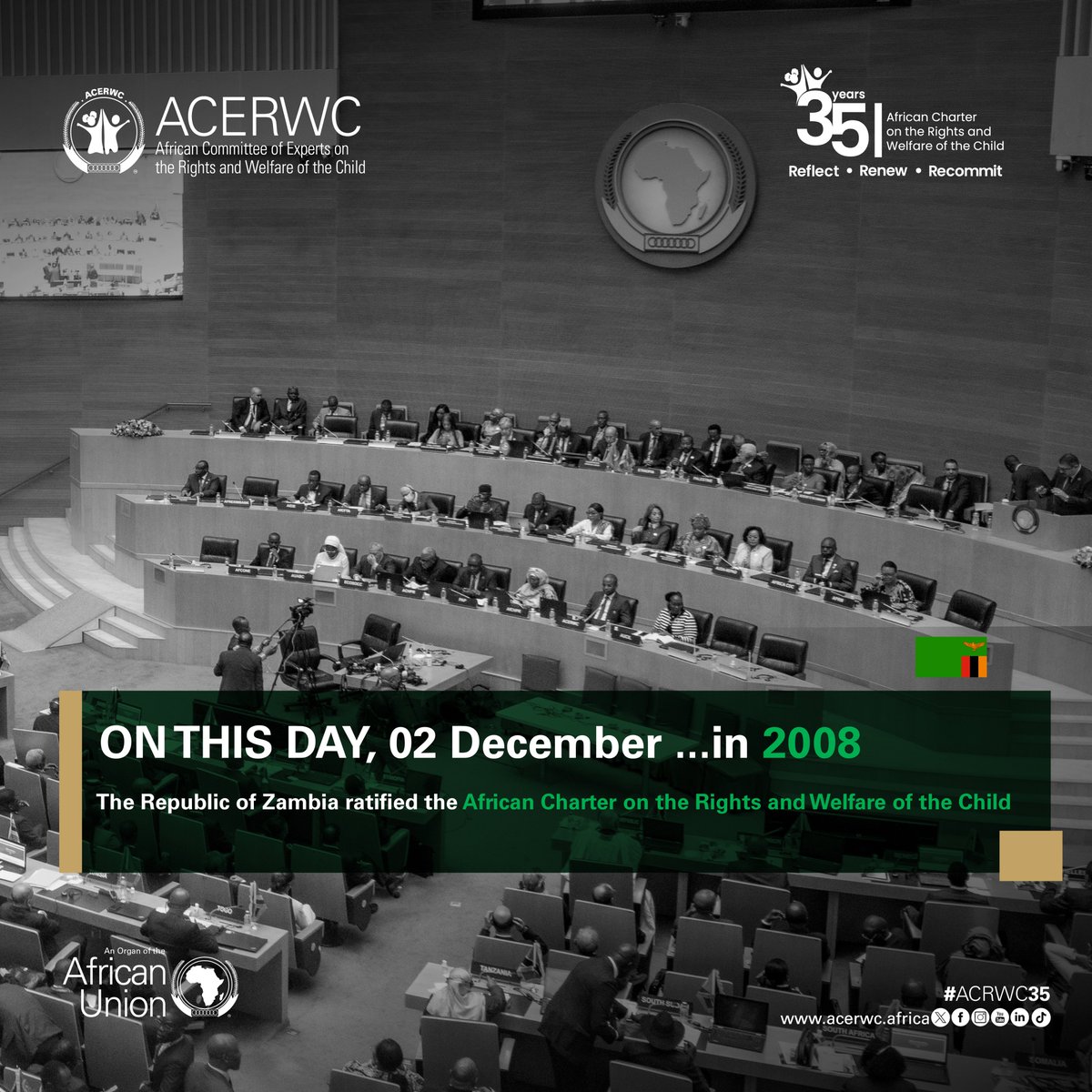 acerwc's tweet image. #OnThisDay in 2008, #Zambia 🇿🇲 ratified the Charter and submitted both the first initial report and the first periodic report to the ACERWC. The consideration of its first periodic report was done in October 2024.

#ACRWC35
#AfricaFit4Children