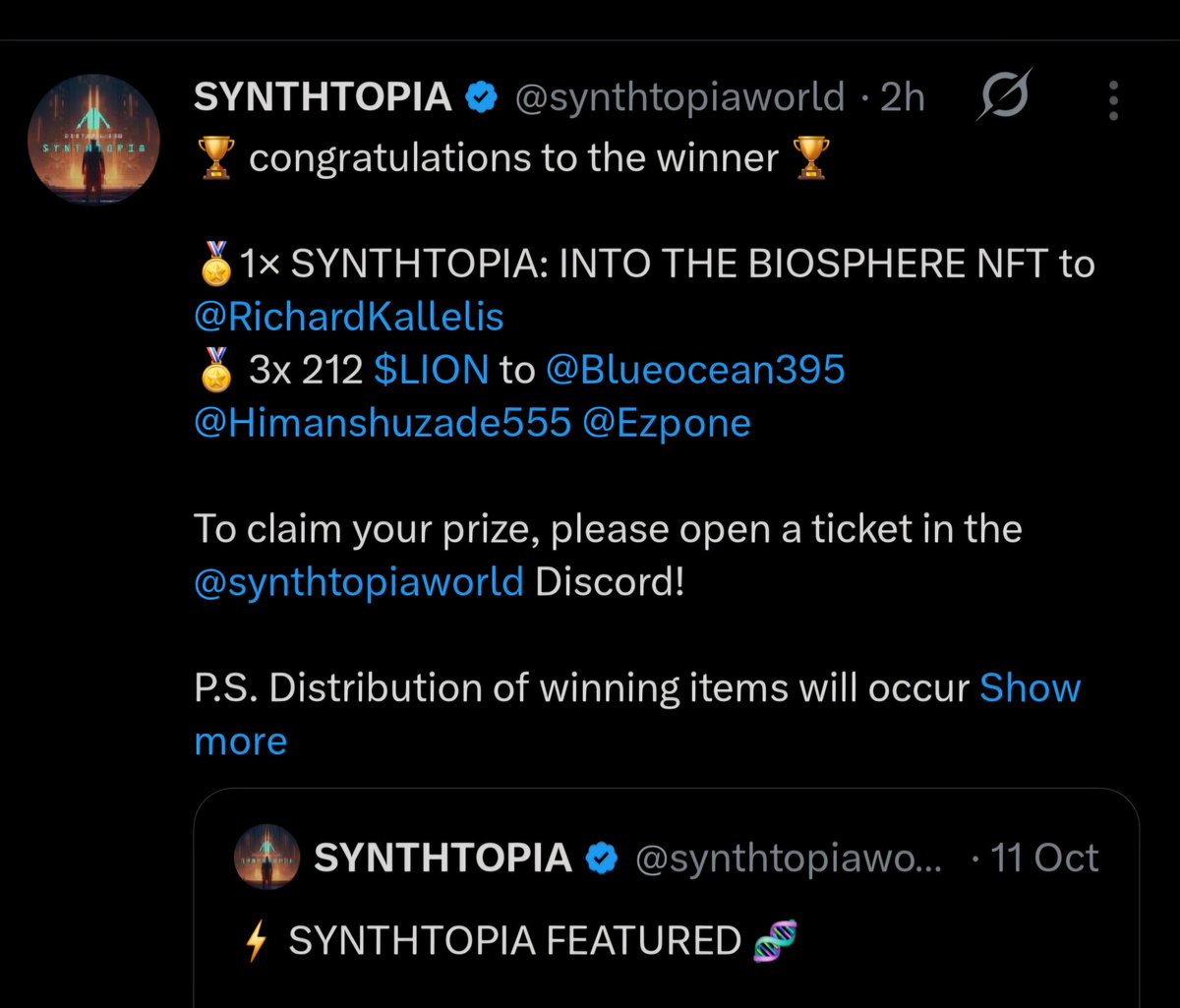 RichardKallelis's tweet image. Good morning everyone.  Happy Wednesday.  💯💯💯🚀🚀🚀 Thanks @synthtopiaworld for the prizes.  
#Destabilized #Synthtopia @synthtopiaworld.  And Congratulations to the other winners. 🏆🎭🥳