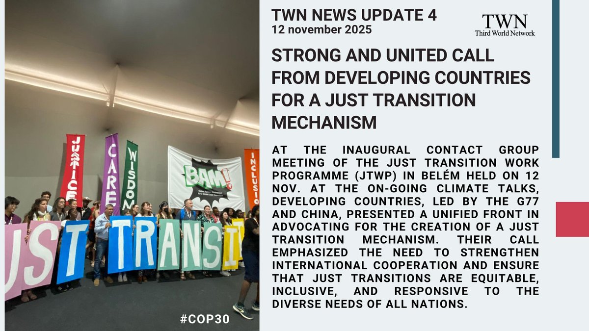 3rdworldnetwork's tweet photo. Day 2 of #COP30 🌎
The G77 & China presented a unified proposal for a Just Transition Mechanism to ensure shifts to low-carbon economies are fair and don’t burden those least responsible for the climate crisis.
But developed countries (like Japan, Norway, UK, EU, Australia, Canada) opposed the proposal.
“Transitions can easily be unjust,” said India, “denying developing countries the right to develop.”
Read TWN's report ▶️https://t.co/x6bLGaE5nm