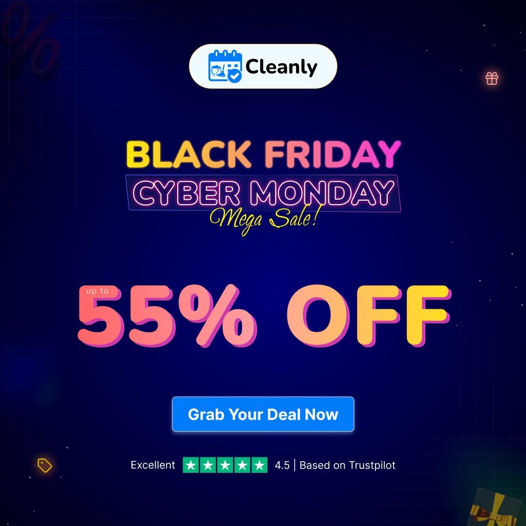 CleanlyBooking's tweet image. 🧼 Cleanly Black Friday &amp;amp; Cyber Monday Mega Sale! 🧼
Manage appointments, assign staff, handle payments, and streamline your entire workflow, all in one smart system!
✨Enjoy up to 55% OFF, limited-time
✅No coupon required

👉Grab Your Deal Now: getcleanly.net/pricing/