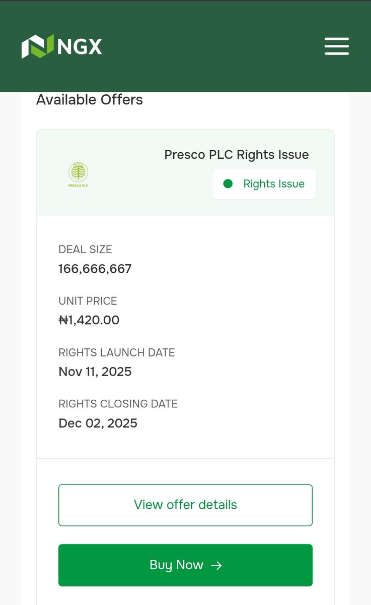 oadeyemi2's tweet photo. $PRESCO PLC rights issue is now live on the NGX invest platform if you intend to take advantage. Check my posts on how to create an account on the NGX.
#NGX #Presco #NigeriaMarkets https://t.co/FlPBWxl1zX