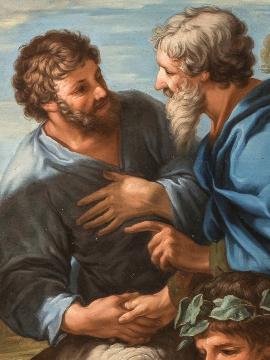 Dans cette œuvre conservée dans la Galerie nationale d’art antique à Rome, le peintre Ciro Ferri représente ici l’histoire de Jacob et de son beau-père Laban, tirée de la Genèse et qui est faite de trahisons, tromperies et réconciliations dignes d’un roman.