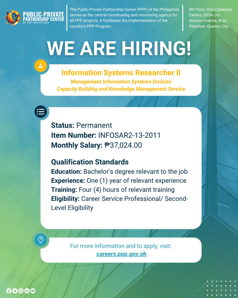 𝐖𝐄 𝐀𝐑𝐄 𝐇𝐈𝐑𝐈𝐍𝐆! 
The PPPC is accepting applications for the ff. positions: 𝐂𝐨𝐦𝐩𝐮𝐭𝐞𝐫 𝐌𝐚𝐢𝐧𝐭𝐞𝐧𝐚𝐧𝐜𝐞 𝐓𝐞𝐜𝐡𝐧𝐨𝐥𝐨𝐠𝐢𝐬𝐭 𝐈𝐈𝐈 𝐈𝐧𝐟𝐨𝐫𝐦𝐚𝐭𝐢𝐨𝐧 𝐒𝐲𝐬𝐭𝐞𝐦𝐬 𝐑𝐞𝐬𝐞𝐚𝐫𝐜𝐡𝐞𝐫 𝐈𝐈 
Please see : bit.ly/4nMMrSn