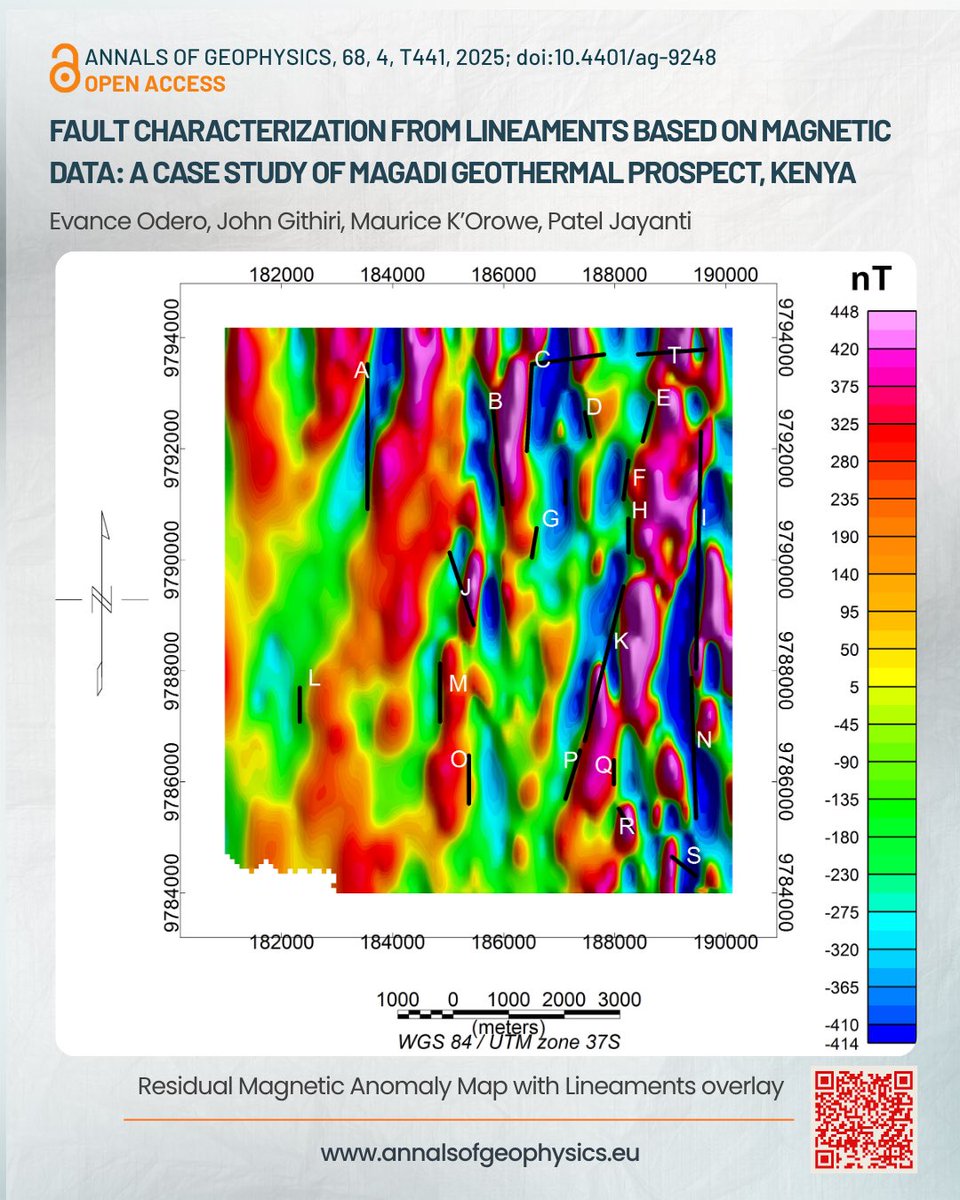 Annals of Geophysics | #OpenAccess
Fault Characterization from Lineaments based on Magnetic Data
A geophysical analysis of the Magadi Rift (#Kenya) for the characterization
📖 Ann. Geophys., 68(4), 2025
Scan the QR code or visit 🔗doi.org/10.4401/ag-9248

#Geophysics #article