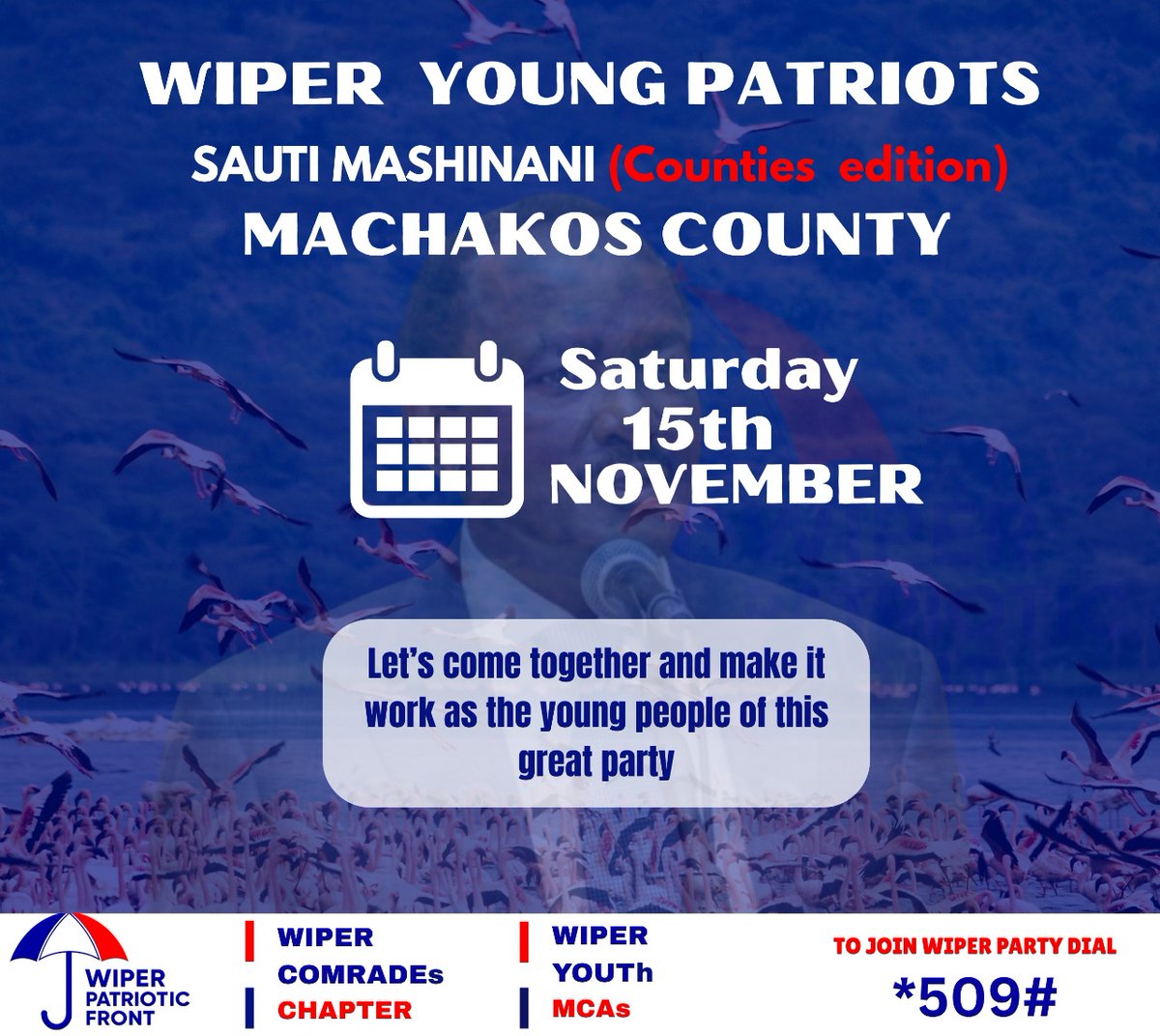 Sauti Mashinani Counties Edition - Machakos County 

Wiper Comrades Chapter in collaboration with Wiper Patriotic Front Wiper Patriotic Front &amp; Young Wiper Patriots will visit Machakos County on Saturday 15th November 2025.

Let's come together as young people and make it Work!