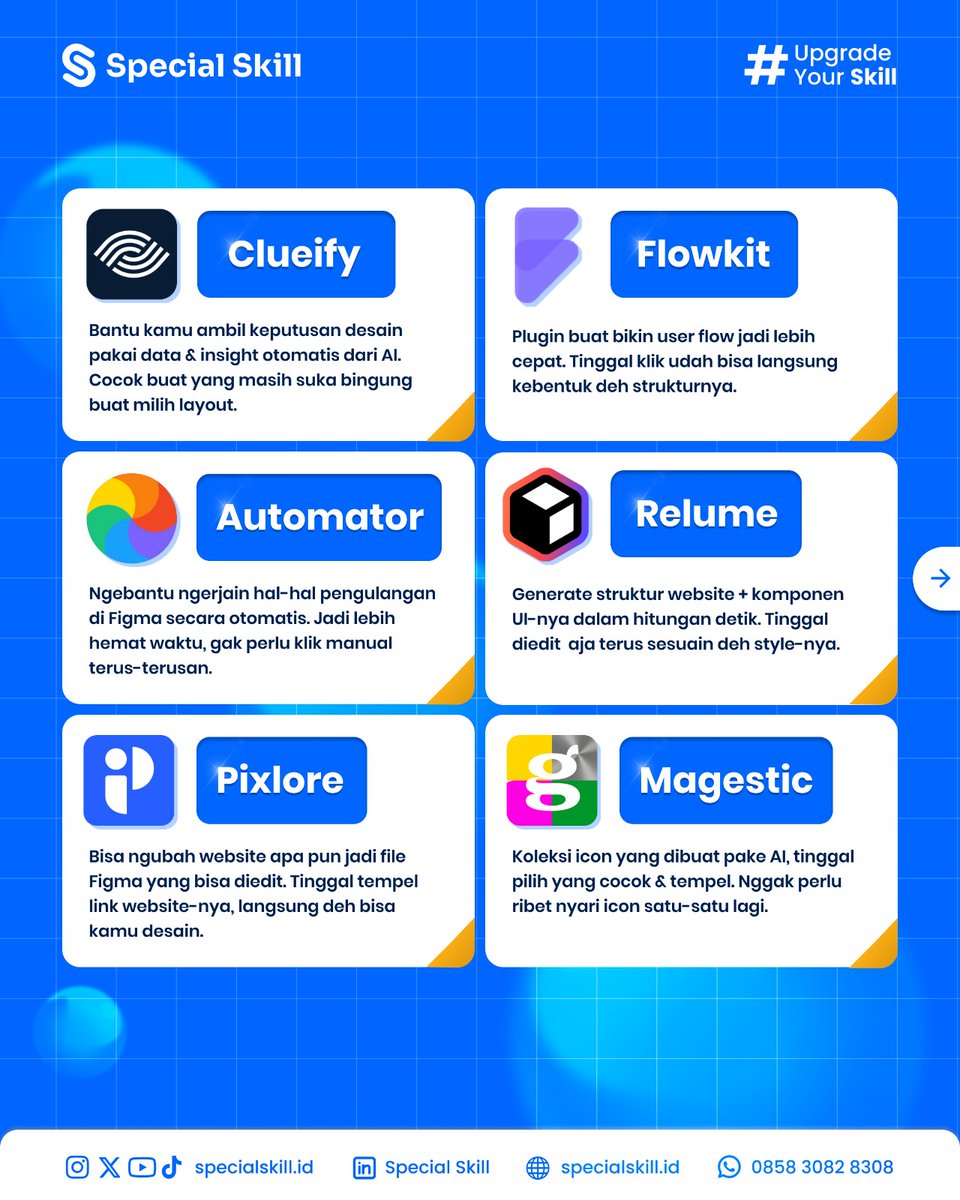 specialskillid's tweet image. Desain di Figma makin cepat &amp;amp; efisien pakai plugin AI ini!

Dari bikin layout otomatis sampai generate website, semuanya bisa kamu lakuin dalam hitungan detik. 😎✨

Kamu udah pernah pakai yang mana nih? Komen di bawah yuk! 

#FigmaTips #AIDesign #FigmaPlugin #DesainGrafis