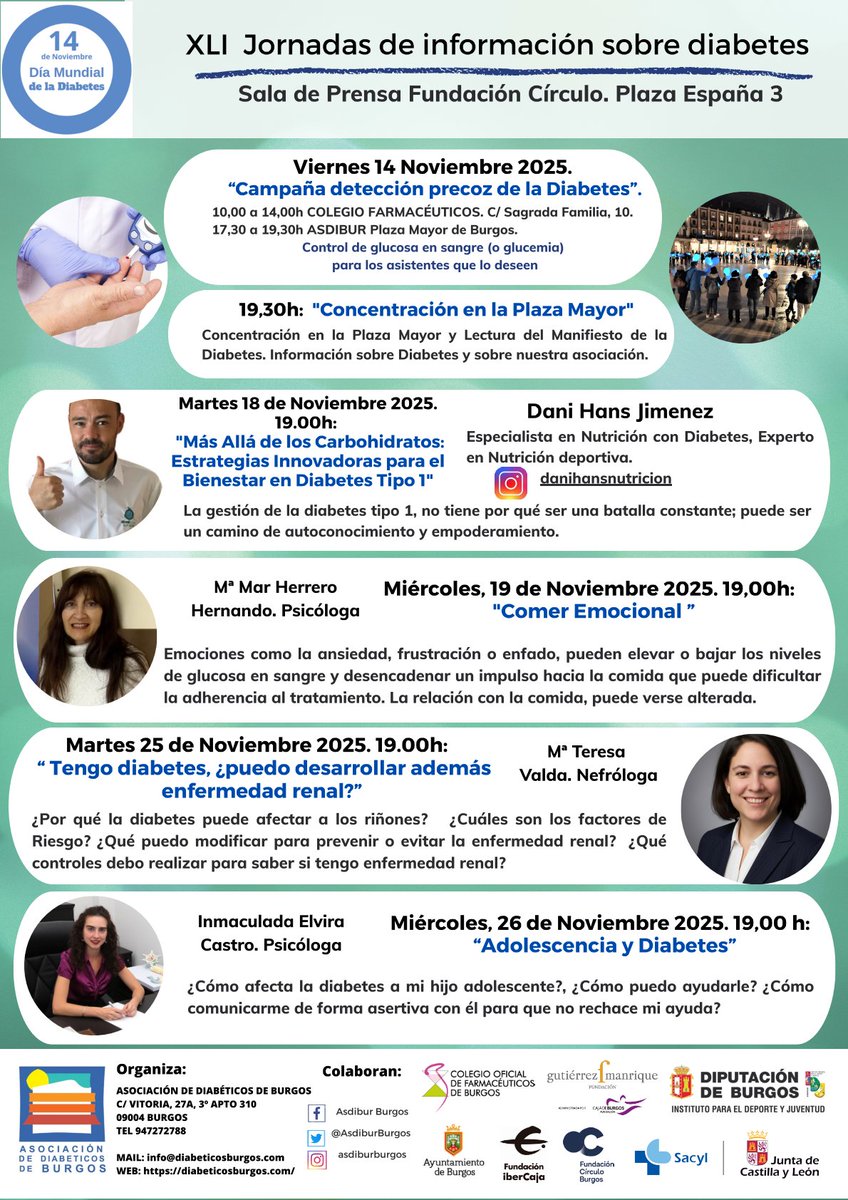 📅 Viernes 14 de noviembre de 2025
💉 Control gratuito de glucosa en sangre (glucemia) para todos los asistentes que lo deseen.
🕙 De 10:00 a 14:00 h 📍 Colegio de Farmacéuticos C/ Sagrada Familia, 10
🕠 De 17:30 a 19:30 h 📍 ASDIBUR – Plaza Mayor de Burgos