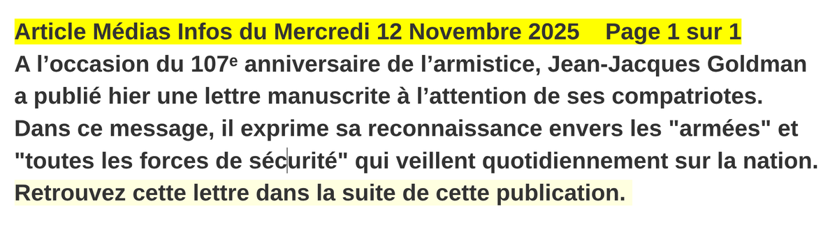 Mediasinfos's tweet image. A l’occasion du 107ᵉ anniversaire de l’armistice, #JeanJacquesGoldman a publié hier une lettre manuscrite à l’attention de ses compatriotes. Retrouvez notre article ci-dessous.