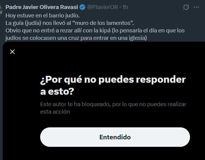 Hoy es un día grande en mi trayectoria tuitera. He sido bloqueada por el cura sancionado y antisemita de pro, Olivera Ravasi. Han bastado un par de tuits para conseguirlo.