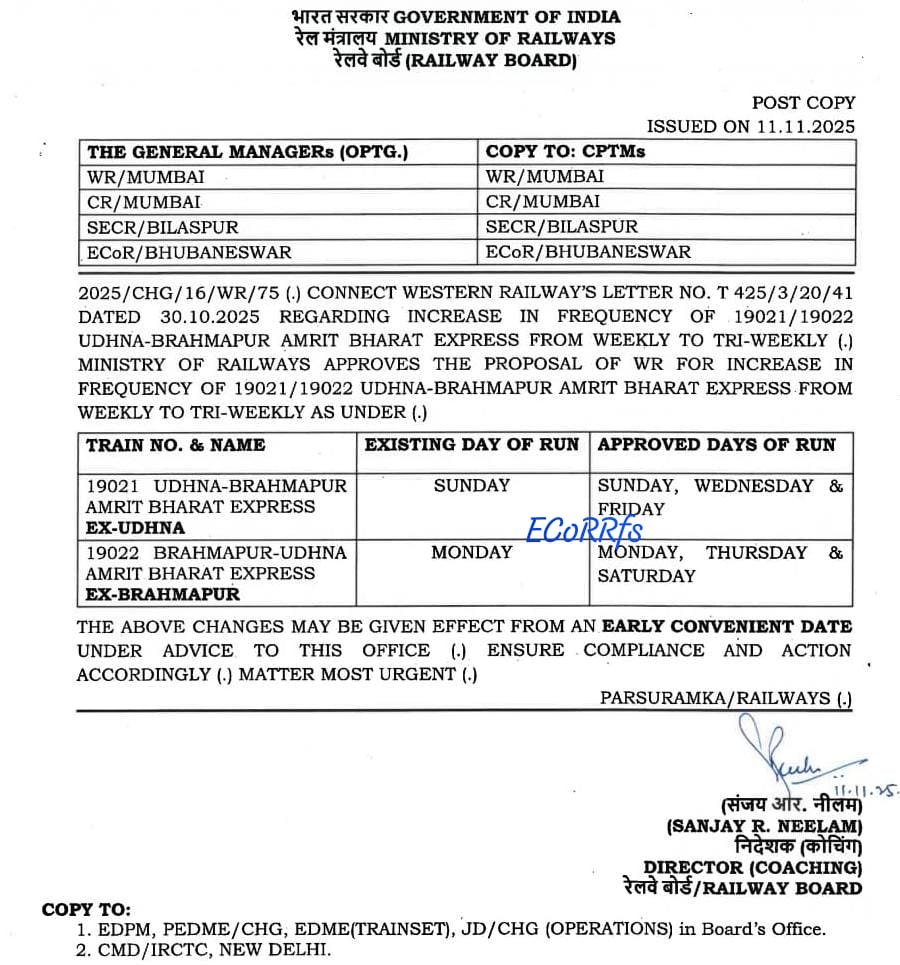 The Rly Board has approved the increase in frequency of Train No. 19021/19022 #Udhna - #Brahmapur - Udhna #AmritBharatExpress from WEEKLY to TRI-WEEKLY. The train, which currently runs on Sundays, has approved to run on Sundays, Wednesdays &amp; Fridays from Udhna &amp; same from BAM