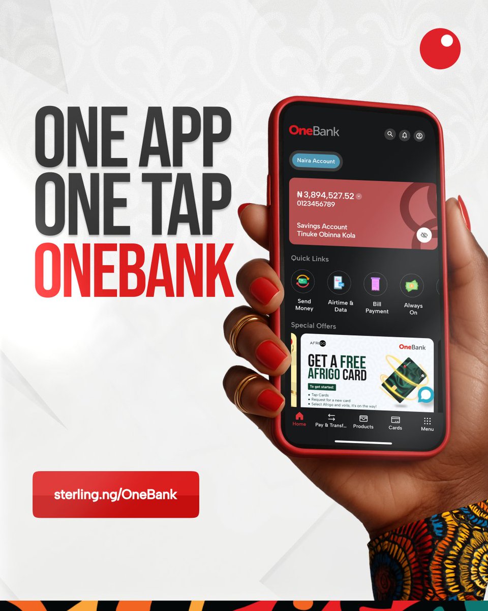 Sterling_Bankng's tweet photo. Don’t stress!
With OneBank, financial control is literally in your pocket.
Send money, buy data, pay bills, check balance - all in ONE TAP.
#OneBank #OneCustomer #Sterling https://t.co/QyTFF9pHne