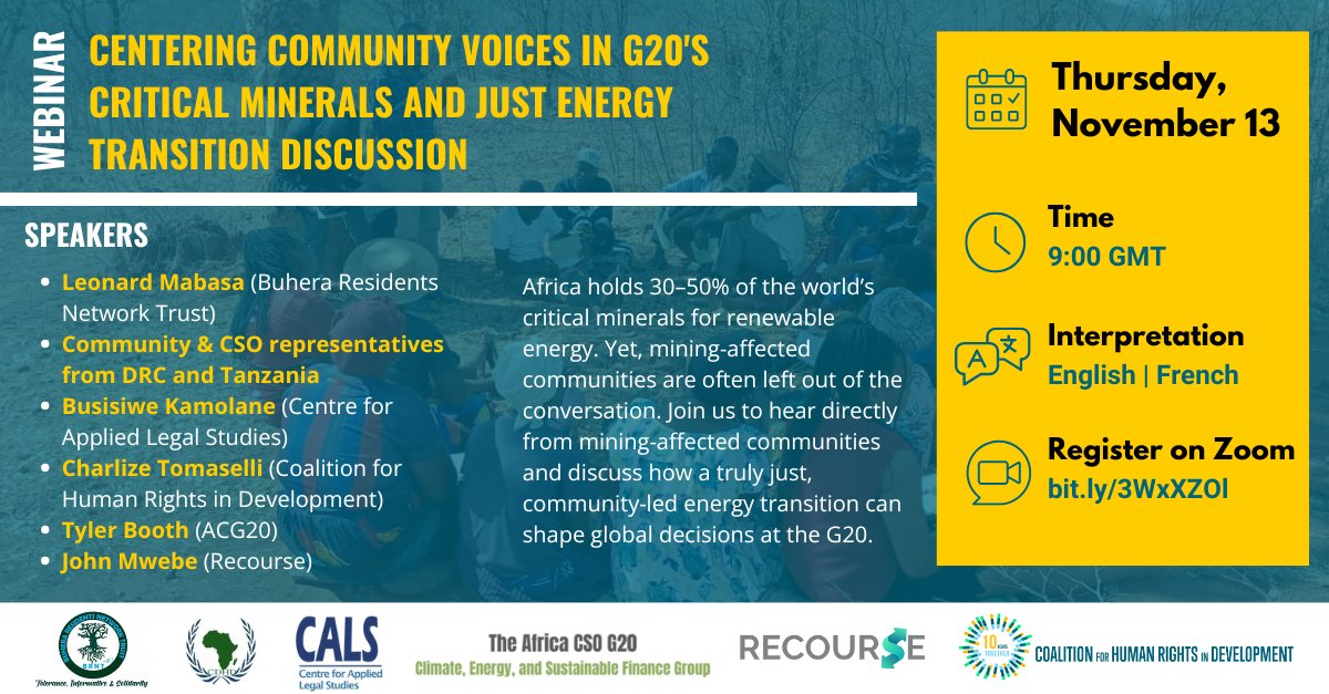 RightsinDevt's tweet image. 📢Tomorrow (Nov 13- 9 GMT) join us to hear directly from mining-affected communities in #DRC, #Tanzania, #Zimbabwe and discuss how a truly just, community-led energy transition can shape global decisions at the #G20.

👇Register here: us06web.zoom.us/meeting/regist…