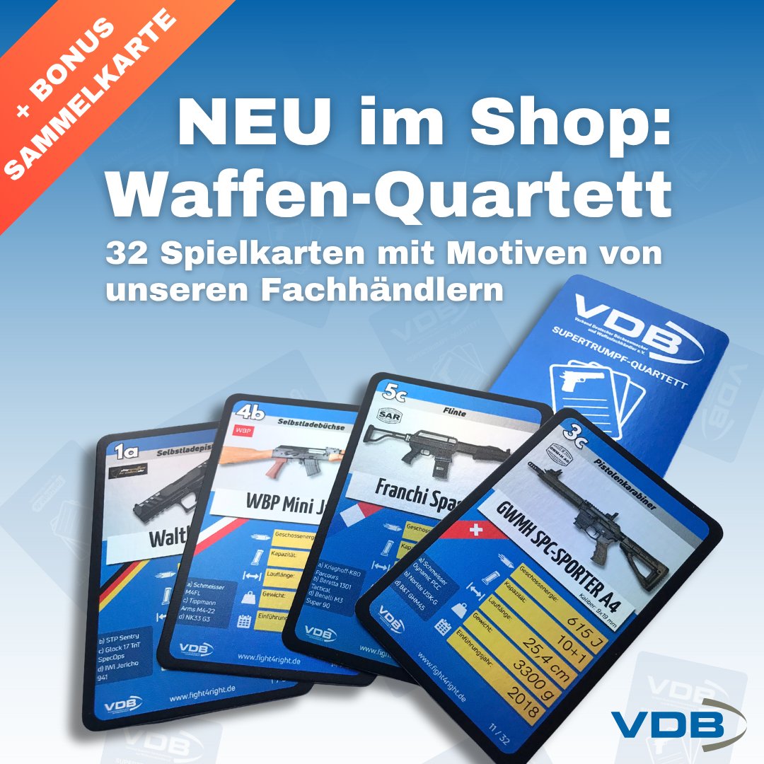 Neu im Shop auf vdb-waffen.de: Das Waffen-Quartett mit 32 hochwertigen Spielkarten rund um Büchsen, Flinten und Faustfeuerwaffen aus den Reihen unserer Mitgliedsunternehmen.

Gespielt werden kann sowohl in der Variante „Supertrumpf“ als auch als klassisches