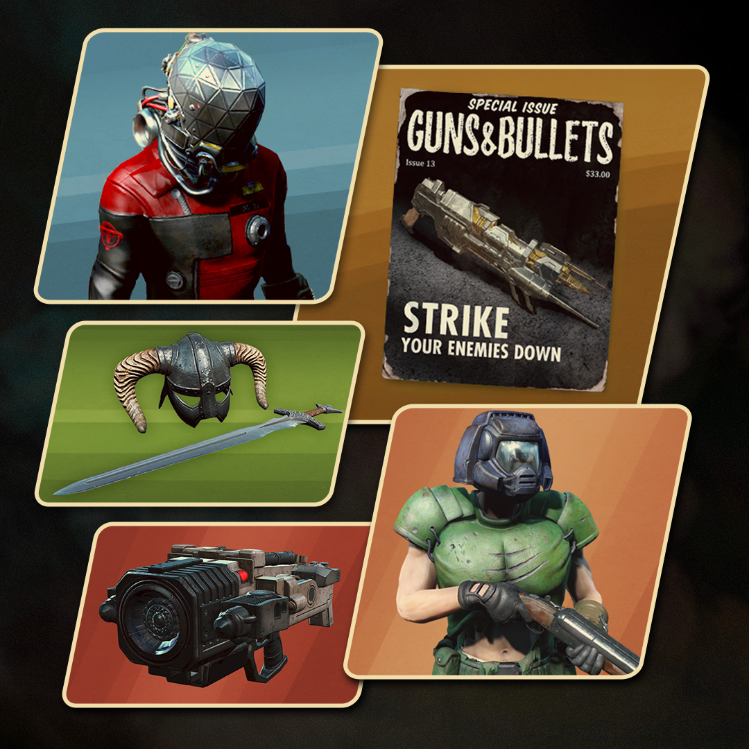 Tenéis GRATIS para reclamar en el menú de Creaciones de #Fallout4 el traje clásico del Marine de DOOM, la BFG, el arma Rayo de Quake, el set de héroe de Skyrim y el traje espacial de Morgan de Prey 👍