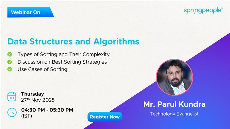 SpringPeople_SP's tweet image. 🚀 Sharpen your coding skills! Join Mr. Parul Kundra for a live webinar on Data Structures &amp;amp; Algorithms — learn sorting types, complexity &amp;amp; real-world use cases.

🔗 Register now: springpeople.com/data-structure…