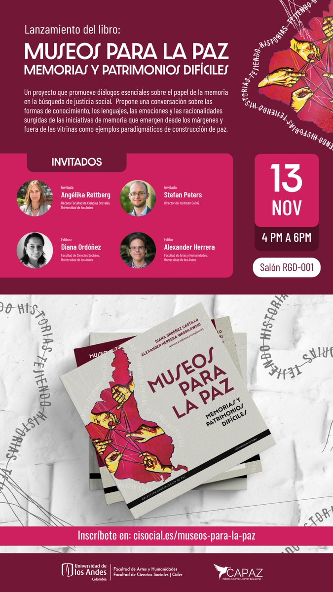 ¿Cómo puede un museo convertirse en un espacio para sanar la memoria y construir paz? 🕊️

Acompáñanos al lanzamiento del libro “Museos para la paz: Memorias y patrimonios difíciles”, una conversación sobre cómo los relatos, las emociones y los lenguajes del pasado pueden tejer