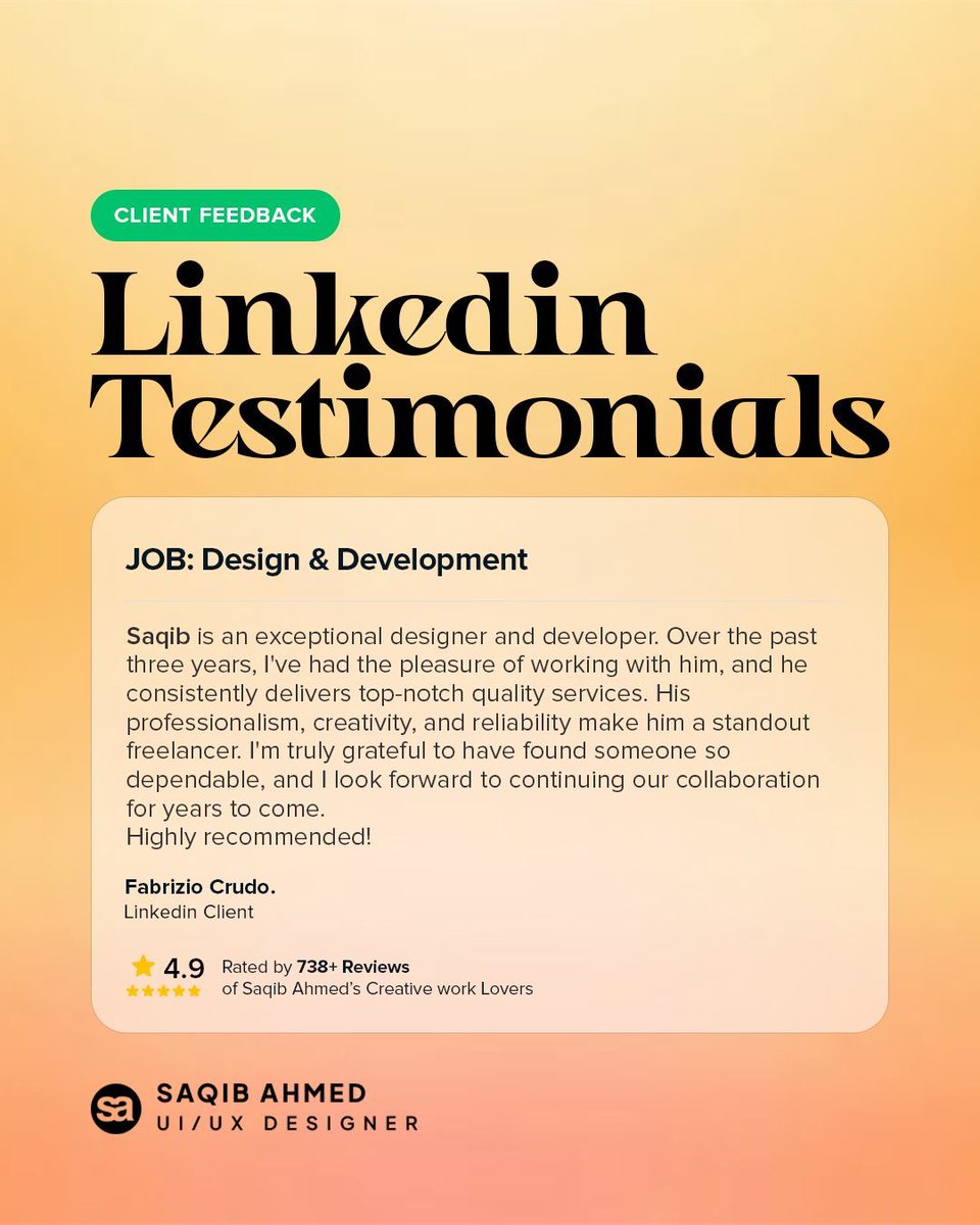 uiuxwithsaqib's tweet image. Client feedback like this keeps me motivated to keep pushing boundaries. Thank you, Fabrizio, for your trust and collaboration over the years.

 #clientfeedback #testimonial #designanddevelopment #uiuxwithsaqib #saqibwebdesigner