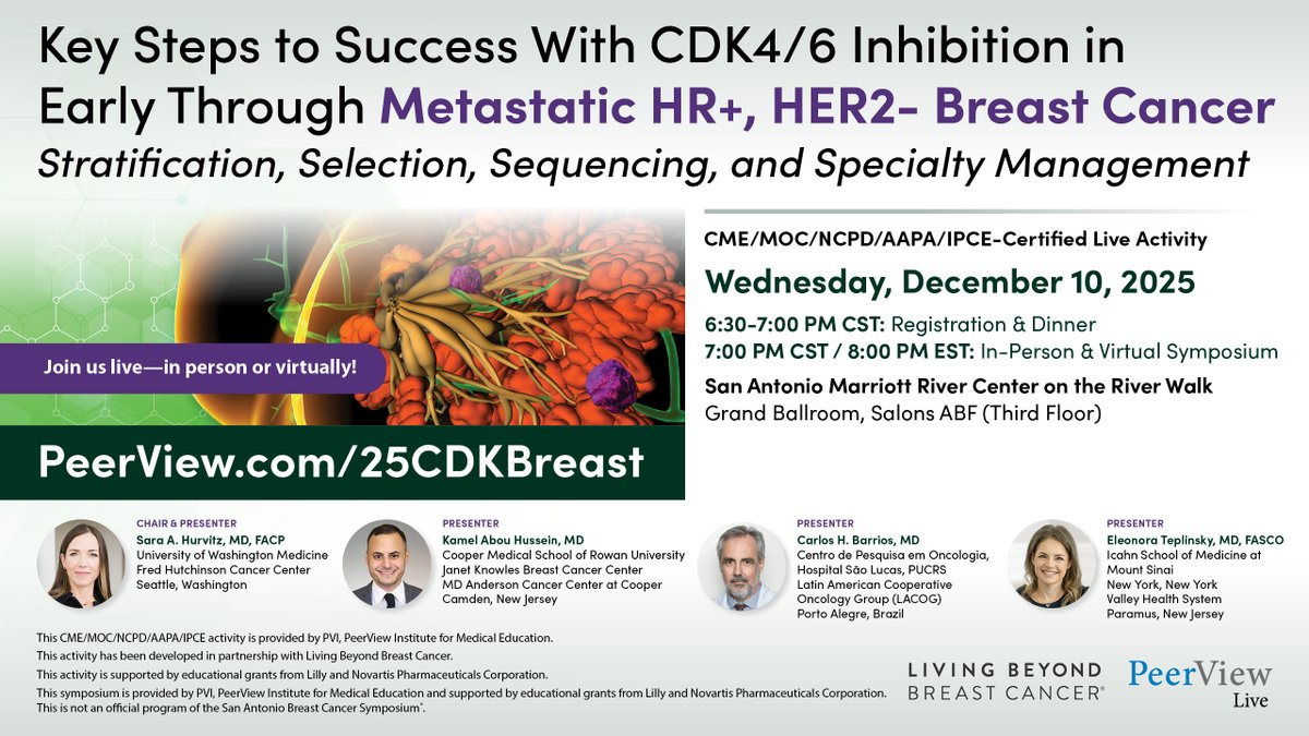 PeerView's tweet photo. Sharpen your treatment planning skills with #CDK4/6i in HR+, HER2- early through metastatic #BreastCancer with Sara A. Hurvitz, MD, FACP, and Carlos H. Barrios, MD. 12/10 at 6:30 PM CST. Produced with @LivingBeyondBC #Oncology #MedEd

🔗 https://t.co/X92afavJui https://t.co/22lyTjmxa5