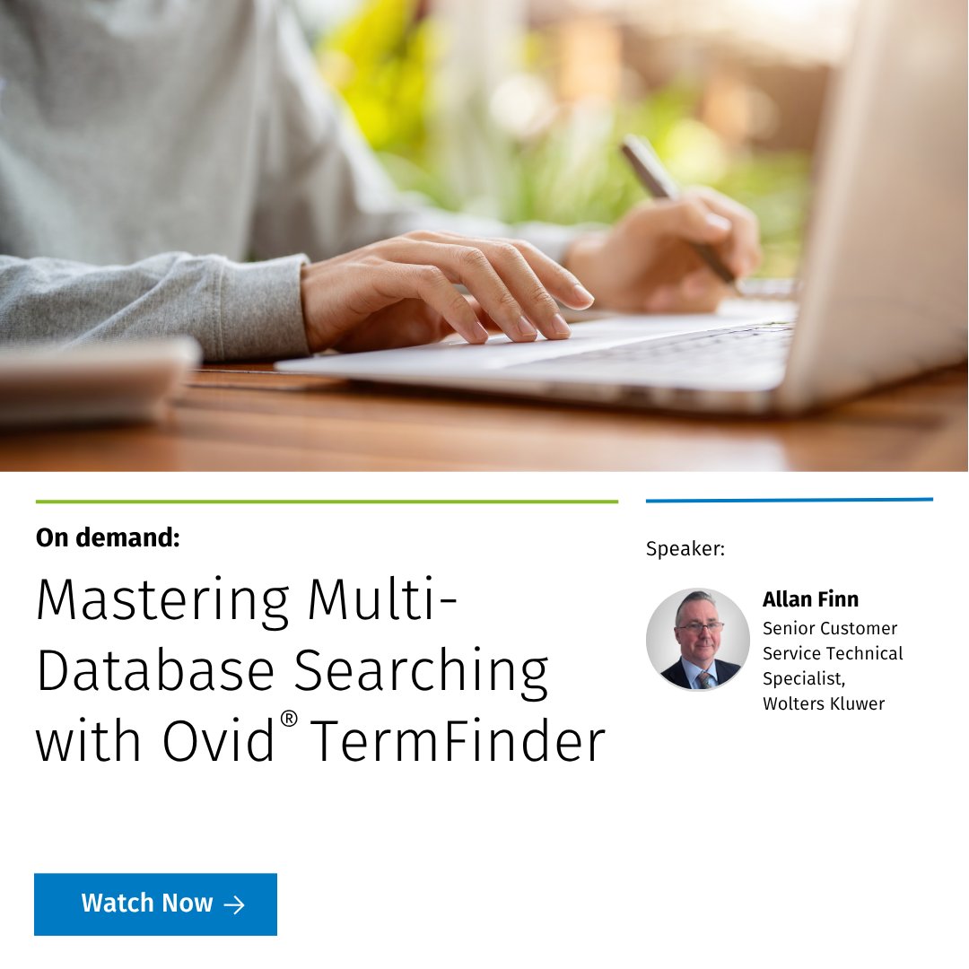 ovid_wkhealth's tweet image. Struggling with inconsistent search results across databases? Learn how Ovid® TermFinder simplifies multi-database searching and improves precision.

Watch the on-demand webinar now: ow.ly/exJV50XnXsg

#MedicalResearch #LibraryScience #EvidenceBasedPractice