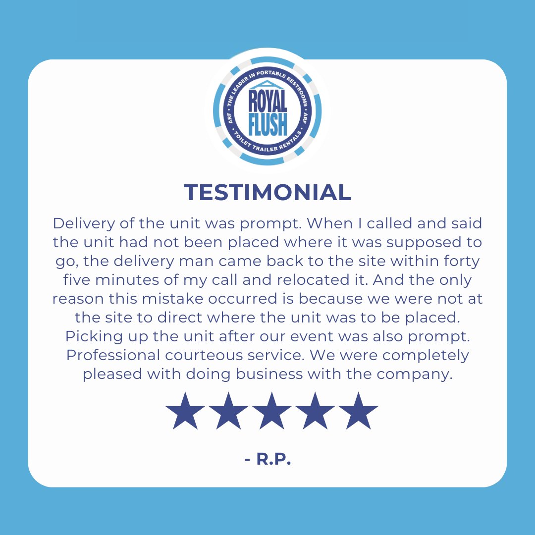 Just a few words our customers use to describe their experience with A Royal Flush! Ready to elevate your next job site or event? Visit aroyalflush.com to book.

#aroyalflush #portablerestroom #restroomtrailer #construction #event #portapottyrental #toiletrental