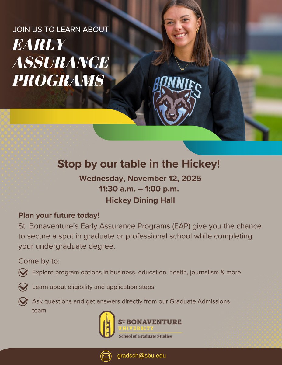 Thinking about grad school? Stop by our table in the Hickey today from 11:30 a.m. to 1 p.m. to learn about SBU’s Early Assurance Programs. 

Our Grad Admissions team can help you explore options, learn about eligibility, and secure your spot in grad or professional school!