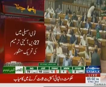 پاکستانیو مبارک ہو
27 آیئنی ترمیم 2/3 اکثریت سے پاس ہو گئی۔ وہ جو کہتے تھے کہ ہم مقبول اور فلاں تے فلاں وہ تو ایک تہائی بھی نہیں نکلے۔
دوسر اہم چیز اس ترمیم کو پاس کروانے خود میاں نواز شریف اسمبلی میں موجود تھے، مطلب تمہارا بھائیوں میں اختلاف والا بیانیہ بھی زمین بوس

پاکستان