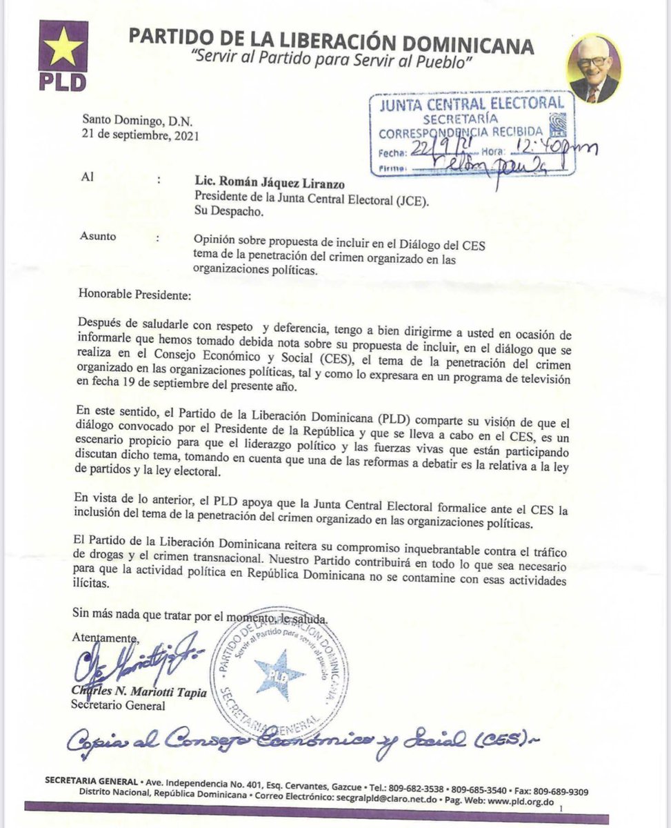 En septiembre de 2021, el <a href="/PLDenlinea/">PLD</a> pidió formalmente a la <a href="/juntacentral/">JCE</a> y al <a href="/ces_rd/">CES RD </a> incluir en el diálogo nacional el tema de la penetración del crimen organizado en los partidos políticos.

No fue interés del PRM discutirlo, y por eso no se incluyó.

Ahora, con una docena de