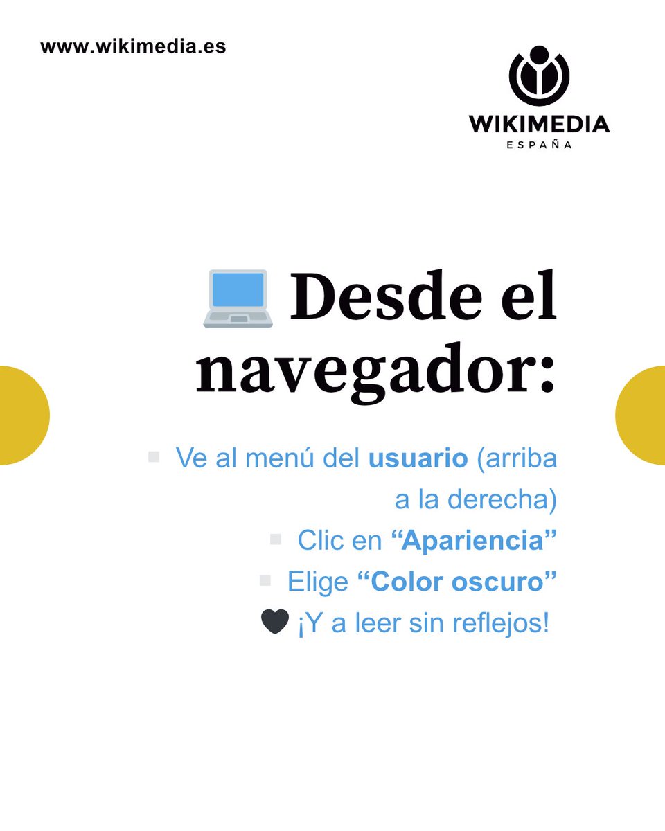 wikimedia_es's tweet photo. #WikiTips | 👀 ¿Sabías que Wikipedia tiene modo oscuro?
.
Sí, ¡la enciclopedia libre también cuida tus ojos! 🌙
.
Actívalo desde la app o el navegador y dale un look nocturno a tus lecturas 🖤
🧠 Bonus: ahorra batería y reduce la fatiga visual.
.
#Wikipedia #ModoOscuro #WikimediaEspaña