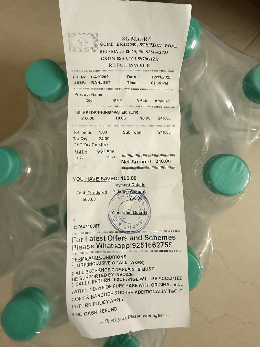 ManishJainn's tweet photo. @BisleriZone Can u plz check is this super market is selling original Bisleri or fake. They give official Bill too but the packaging looks very different for a 12 pc pack of 1 L Bisleri. Can u plz confirm if this is authentic https://t.co/jYD2aE61Xl