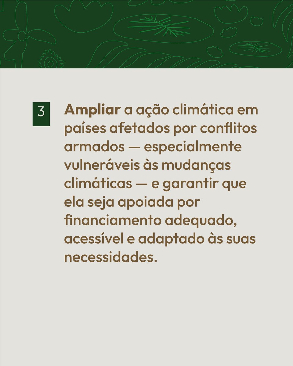 Países afetados por conflitos armados estão entre os mais vulneráveis aos riscos climáticos, com pouca capacidade de adaptação.

Pedimos que a #COP30 reconheça oficialmente essa realidade e assuma esses 3 compromissos para enfrentá-la.

Ninguém deve ser deixado para trás.
