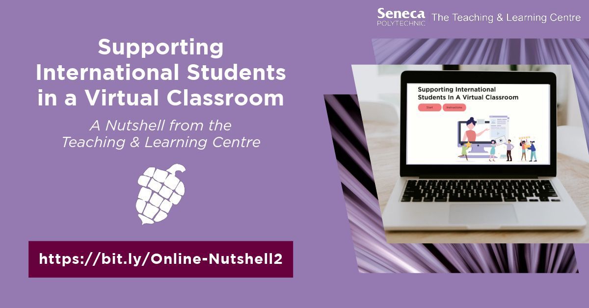 Seneca_TandL's tweet image. Our Supporting International Students in a Virtual Classroom #TLCnutshell explores course design &amp;amp; collaboration from a lens of understanding, providing guidance to create an inclusive classroom environment and discuss the tools to support implementation. bit.ly/Online-Nutshel…